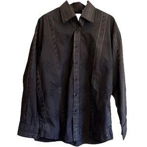 Men's Black Trendy Club‎ Shirt Embroidered Silver Greek Key Emblems Button Down